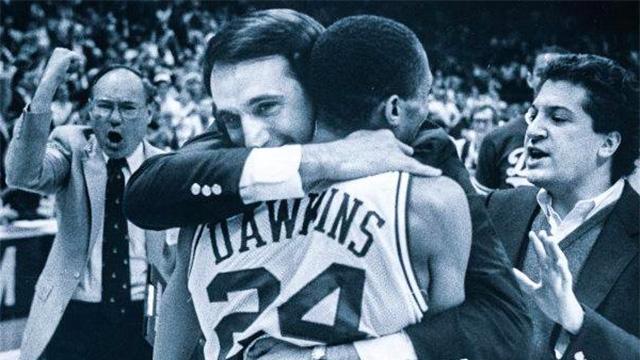 Former Duke guard Johnny Dawkins hugs Mike Krzyzewski.